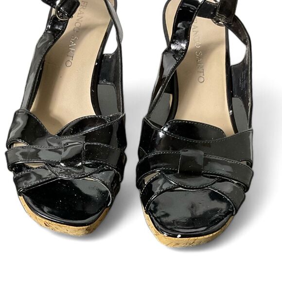 Franco Sarto Black Patent Leather‎ Cork Wedge Sandals 8.5M - Picture 2 of 6